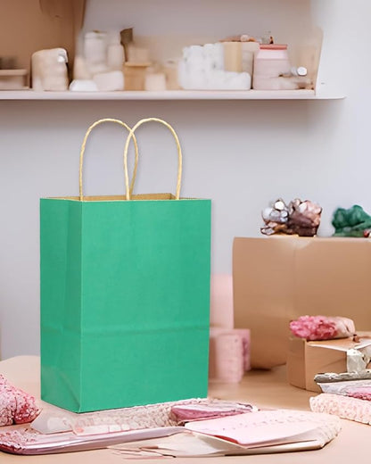 qiqee 60 pcs Kraft Bags with Handles 7.6"x4.75"x10.5" Medium Gift Paper Bag Mint Green Solid Color Bags