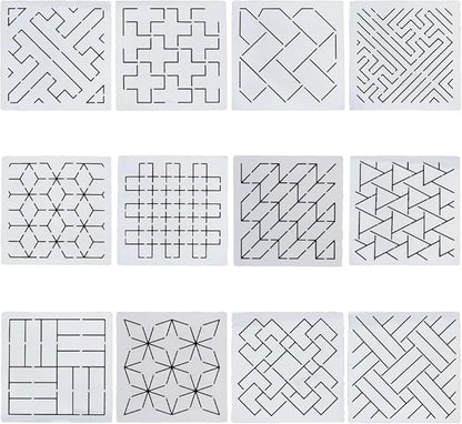 FREEBLOSS Sashiko Embroidery Stencils Sashiko Stencil Geometric Embroidery Patterns Stencils for Drawing Sashiko Template for Hand Quilting and Embroidery14x14cm