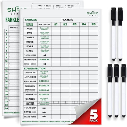 SWOOC Games® - 5 Big Premium Laminated Yardzee & Farkle Score Cards (11.5in x 8in) with Rules - Large Reusable Dry Erase Pads for Giant Outdoor Dice