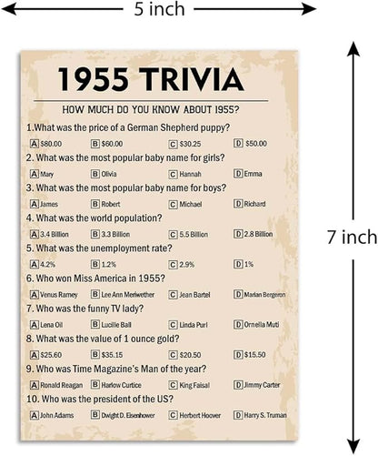 QUPT 70th Birthday Party Games, 1955 Trivia Games, Birthday Party Supplies for Adults, Fun 1955s Party Game, Pack of 30 Cards
