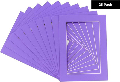 Pack of 25 Acid Free 8x10 Mats Bevel Cut for 5x8 Photos - Light Purple Precut Matboards With Backing Boards and Clear Photo Mat Bags For Pictures, Photos, Framing - 4-ply Thickness