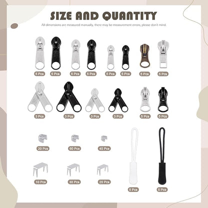 250Pcs Zipper Replacement Zipper Repair Fix Kit Zipper Slider Set for Fixing Luggage Bags, Coats, Jean, Jackets, Tents