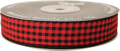 Red and Black Gingham Plaid Checked Ribbon 25 Yards Each Roll 100% Polyester (5/8",BlackRed)
