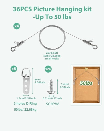 Picture Hanging Wire Kit, 4Pcs Adjustable Frame Wire 2m x 1mm Small Hooks Heavy Duty 50lbs, 8pcs 3-Hole D Rings Picture Hangers with Screws, for Canvas Paintings/ Mirrors/ Frames