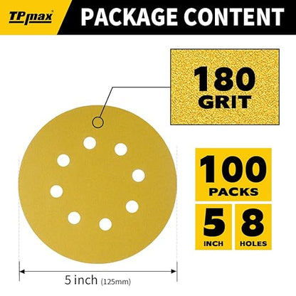 100PCS 5 Inch 180 Grit 125mm 8 Hole Sanding Discs Sandpaper - Premium Gold Round Hook and Loop for Random Orbital Sander - Ideal for Wood, Metal, Automotive