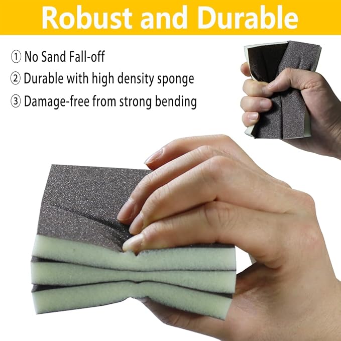 16PCS 240 Grits Sanding Sponge Fine Coarse Sanding Block, Washable and Reusable Wet Dry Sandpaper Sponge， Sander Sponges for Wood Drywall Metal Wood