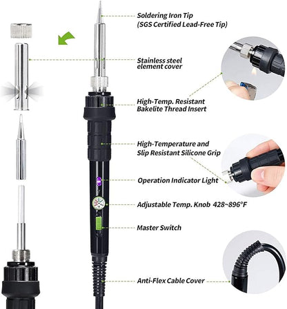 YIHUA 947-III 60W Soldering Iron Kit Temperature Adjustable 428-896°F 2-IN-1 Soldering Kit with Simple Soldering Iron Stand and Cleaning Sponge 110V US Power Plug
