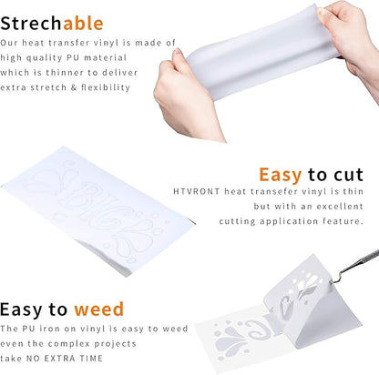 HTVRONT White HTV Heat Transfer Vinyl Bundle: 24 Pack 12"x12" Iron on Vinyl Sheets for T-Shirt (1 PTFE Sheet Included), PU HTV Easy to Cut & Weed for Heat Design