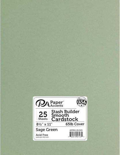 PA Paper Accents Stash Builder Cardstock Pack 8.5" x 11" Sage Green, 65lb colored cardstock paper for card making, scrapbooking, printing, quilling and crafts, 25 pieces