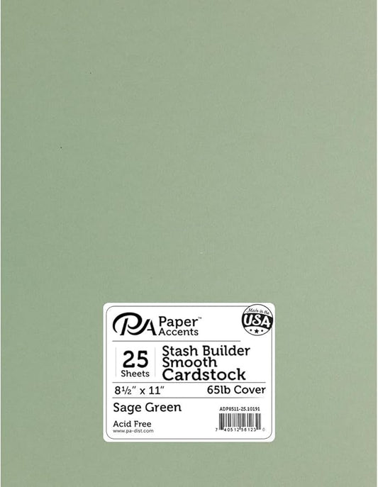 PA Paper Accents Stash Builder Cardstock Pack 8.5" x 11" Sage Green, 65lb colored cardstock paper for card making, scrapbooking, printing, quilling and crafts, 25 pieces