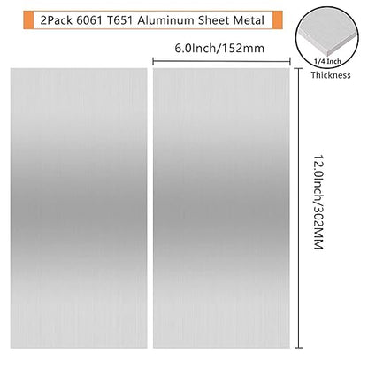 2Pack 6061 T651 Aluminum Sheet Metal 6 x 12 x 1/4 (6MM) Inch Flat Plain Aluminum Plate Covered with Protective Film, Heat Treatable Rectangle Aluminum Metal Plate for Crafting, Industrial