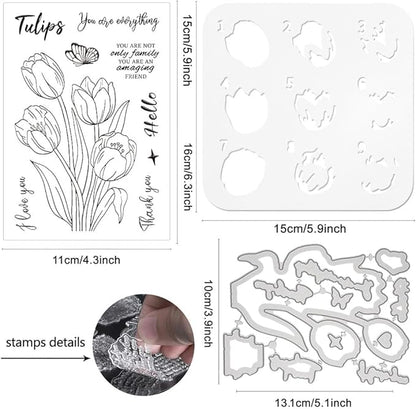 ORIGACH Tulip Layering Stencil Stamp and Die Set for Card Making, Flower Stencil Template Silicone Clear Stamps and Metal Die Sets for DIY Scrapbooking Photo Album Crafting