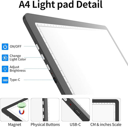 TOHETO A4 Light Board with Bag for Diamond Painting, Super Bright Magnetic Light Pad with Side Buttons, Lightbox for Tracing and Drawing, Corded Light Table for Sketching, Weeding Vinyl (Black)