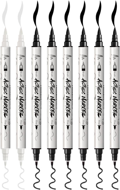 TRANSON 6 Black and 2 White Paint Markers Brush and Fine Dual-tip Acrylic Paint Marker for Rock Glass Canvas Wood Leather Ceramic DIY Painting