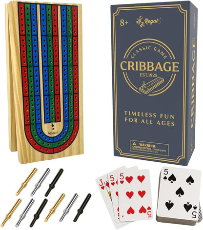 Regal Games Cribbage Board Game Set w/Storage - Fun Table Game with Wooden Board for Adults & Kids - 9 Metal Pegs, Deck of Playing Cards & 2-4 Player Games - Ideal for Game Night, Travel (Ages 8+)