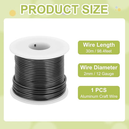 MECCANIXITY 12 Gauge Anodized Aluminum Craft Wire Bendable Bonsai Training Wire 98 Feet 2mm for Sculpting Crafts Wreath Floral Beading Jewelry Making, Black