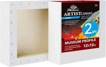 PHOENIX 12x12 Inch 2 Pack Museum Canvas - 2 3/8 Inch Thick Porfile Deep Stretched Canvas for Painting 100% Cotton 11 Oz. Gesso Primed White Blank Professional Canvas Oil & Acrylic Paints