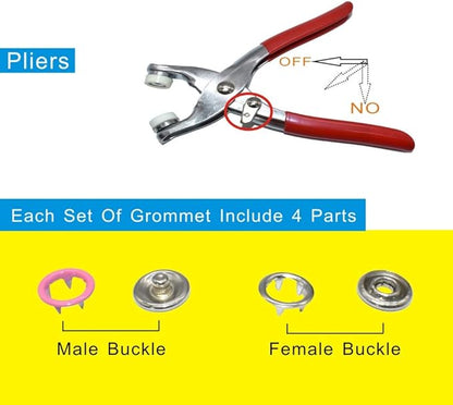 200Pcs Snap Fastener Tool Diameter 9.5mm Metal Eyelets Shoes Clothes Crafts with Heavy-Duty Eyelet Grommet Pliers