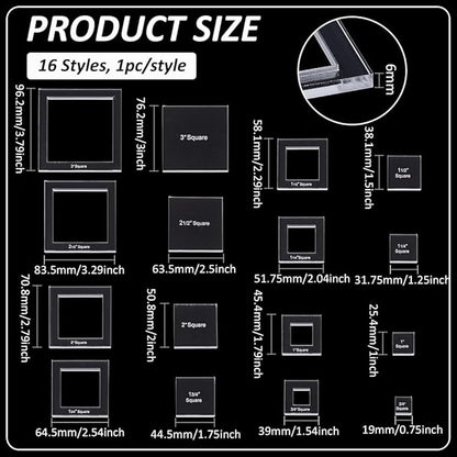 BENECREAT 16 Sizes Square Quilting Template, Acrylic Intricate Sewing Machine Ruler, Transparent Pressure Plate Router Template for DIY Hand Patchwork Cutting Craft, 6mm Thick
