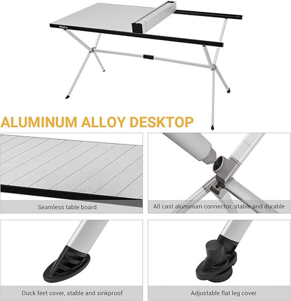 KingCamp Camping Table Roll up Aluminum Folding Table Lightweight Large Portable Foldable Camp Table for Picnic Camping Barbecue Backyard Beach Tailgate Indoor Outdoor, 4-6 Person, Support 120lbs