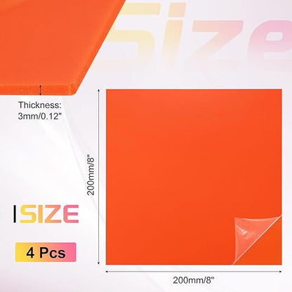 uxcell 4Pcs Acrylic Sheets 8x8 Inch Acrylic Panel 1/8 Inch-3mm Plastic Board for Picture Frames Sign Holders DIY Display Projects Craft, Orange