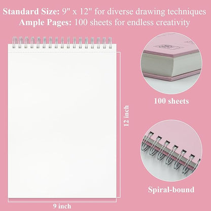 Cute Sketchbook Pink, 9"x12" Sketch Book for Teen Girls, 100 Sheets Girl Sketchbook 73lb/120gsm Drawing Paper for Kids, Art Supplies for Teens 14-16 Girls.