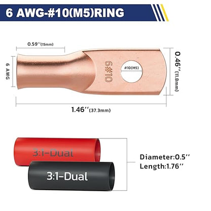 haisstronica 10pcs 6 AWG - #10 Battery Cable Lugs, Heavy Duty Copper Wire Lugs with 10pcs 3:1 Adhesive Heat Shrink Tubing, 6 Gauge Wire Connectors Battery Terminal Connectors, Battery Cable Ends