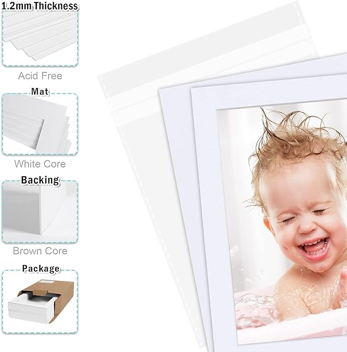 Egofine Pack of 5 White Pre-Cut Mat Board 11x14 Picture Mat for 8x10 Photo with White Core Bevel Cut Mattes Sets. Includes 5 High Premier Acid Free Mats & 5 Backing Board & 5 Clear Bags