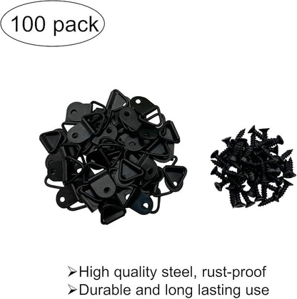 Small Triangle Ring Steel Picture Hangers with Screws Picture Frames Picture Hang Solutions for Hanging Clock Paintings Artwork Picture Frame Hook Photos(100 Pack Black )