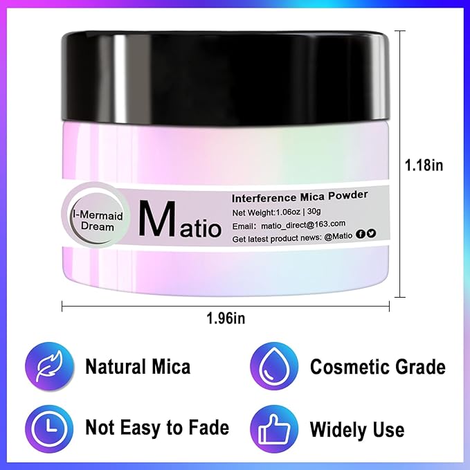 Matio Interference Mica Powder, 1.06oz/ 30g Snow White Chrome Powder, Pearlescent Effect Color Shift Pigment for Epoxy Resin, Makeup Shimmer,Nail Polish,Soap Dye,Candle Making,Paint,Slime Pigment