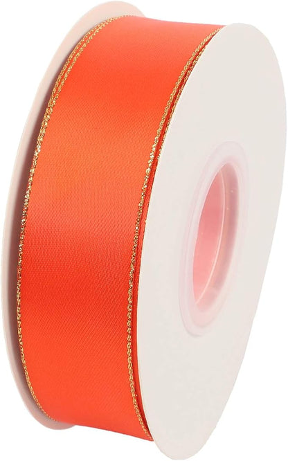 ITIsparkle 1" Inch Double Faced Satin Ribbon 25 Yards with Gold Edges, 1" X 25Yd - Autumn Orange