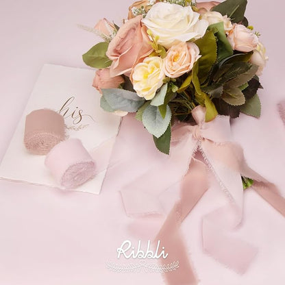 Ribbli Pale Blush Pink Chiffon Ribbon 1-1/2 inch x 20 Yard Handmade Fringe Chiffon Silk Ribbon, Pale Blush Ribbon for Wrapping, Wedding Invitations, Bridal Bouquets, Home Decor