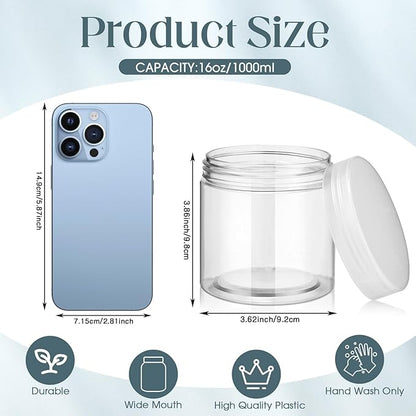 SATINIOR 12 Pack 16 oz Plastic Container Jars with Lids Round Clear Travel Cosmetic Container Slime Jars for Toiletries, Lotion, Cream, Ointments, Makeup, Rhinestone, Samples, Kitchen Storage(Clear)