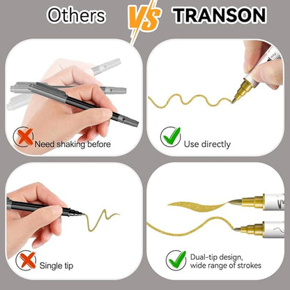 TRANSON 4 Gold and 4 Silver Paint Markers Brush and Fine Dual-tip Acrylic Paint Marker Set for Rock Painting Glass Canvas Wood Leather Ceramic Painting