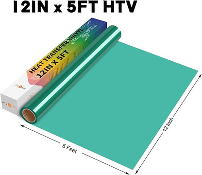 HTV Vinyl Rolls - 12" x 5ft Green Heat Transfer Vinyl for Shirts, Easy to Cut & Weed for All Cutter Machines