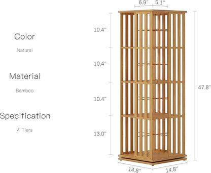 YOWOS Rotating Bookshelf Tower, 360 Display Spinning Bookcase, Bamboo Bookshelf Floor Standing Storage Rack, Wood Narrow Book Shelf Organizer for Kids&Adults (Nature, 4 Tier)