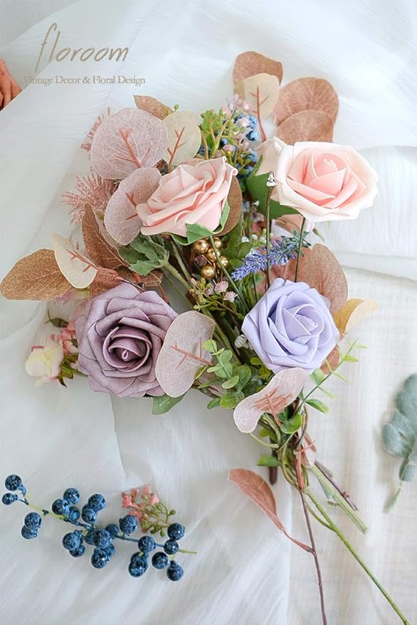 Floroom Artificial Flowers 50pcs Real Looking Blush Foam Fake Roses with Stems for DIY Wedding Bouquets Pink Bridal Shower Centerpieces Floral Arrangements Party Tables Home Decorations