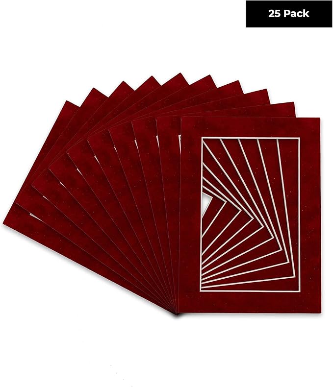 Pack of 25 Acid Free 8x10 Mats Bevel Cut for 6x8 Photos - Bright Red Suede Precut Matboards For Pictures, Photos, Framing - 4-ply Thickness