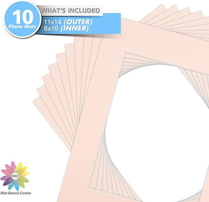 Mat Board Center, Pack of 10, 11x14 for 8x10 Pink Color Mats - Bevel Cut, Acid Free, 4-ply Thickness, White Core - for Pictures, Photos, Framing