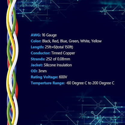 Fermerry 16 AWG Stranded Wire Spool 25ft Each 6 Colors Flexible 16 Gauge Silicone Hook up Wire Kit Electrical Tinned Copper Wire