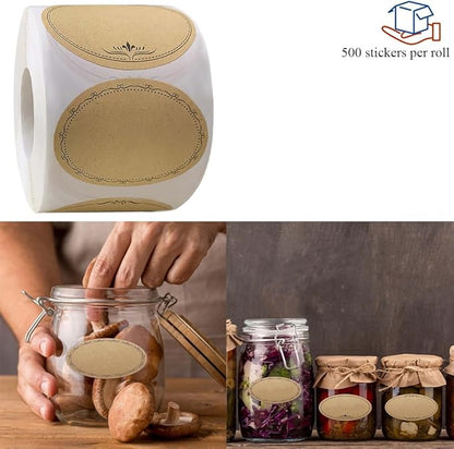 HAHIYO 1.4 * 2.5In 500P Oval Brown Kraft Stickers with Artistic Border - 4 Unique Styles Blank Kraft Labels Roll to Write On Durable Dot Stickers for Jar Canning Labels Price Tags Store Organizing