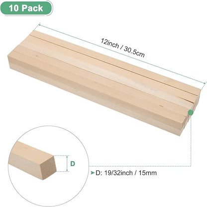 10-Pack Wood Square Dowel Rods, 19/32 x 12 Inch Unfinished Wooden Square Dowel Rod, Hardwood Square Dowel Sticks for Crafts/DIY Projects/Models Making [Wood Color]