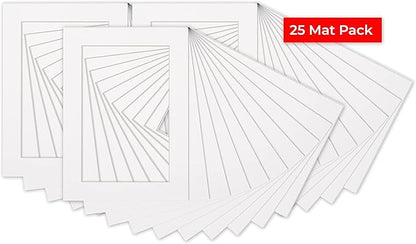 Pack of 25 Acid Free 8x10 Mats Bevel Cut for 5x8 Photos - White Precut Matboards with Backing Boards and Clear Photo Mat Bags for Pictures, Photos, Framing - 4-ply Thickness
