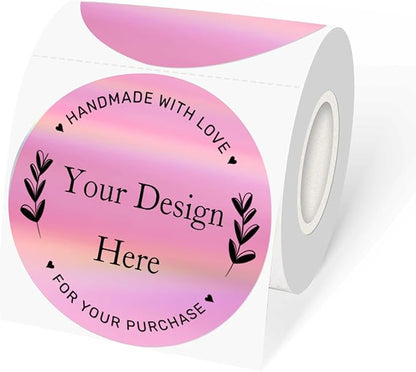 3" Circle Holographic Thermal Label Stickers Pink, Round Printable Rainbow Thermal Sticker for Gift Wrapping, Self-Adhesive/Perforation Line Design