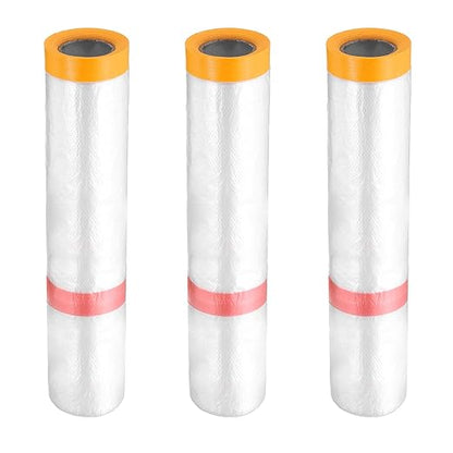 HARFINGTON 3 Rolls Pre-Taped Masking Film 78.7" x32.8ft Double Adhesive Tape and Drape Painters Plastic Drop Cloth Film with Tape Plastic Sheeting for Automotive Painting Covering