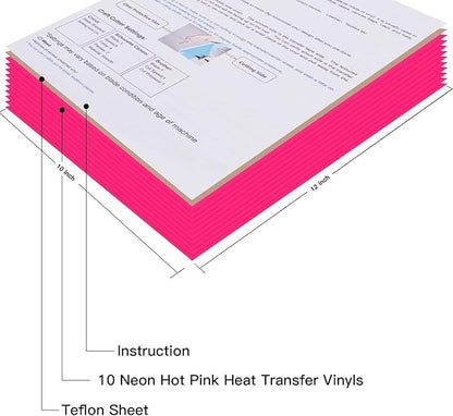 JANDJPACKAGING Neon Pink HTV Heat Transfer Vinyl - 10 Pack HTV Vinyl Compatible with Cricut Cutting Machine, Silhouette Cameo, Bonus PTFE for Heat Press Machine