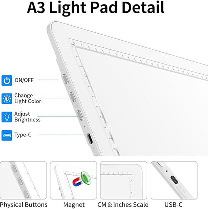 TOHETO Rechargeable A3 Light Board with Stand, Bag, Super Bright Magnetic Light Pad with Side Buttons, Wireless Light Box for Tracing and Drawing, Cordless Light Table for Diamond Painting, Sketching