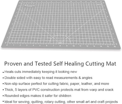 Headley Tools 18"x12" Thickened Self Healing Cutting Mat, A3 Rotary Cutting Sewing Mat for Crafts, Double Sided 5-Ply Table Cutting Board for Fabric Quilting Leather Hobby Project, Grey/Black