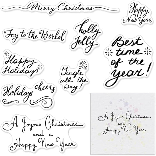 Merry Christmas Clear Stamps for Card Making and Photo Album Decorations, Happy New Year Words Winter Snowflake Frame Clear Rubber Stamps for Card Making Decoration and DIY Scrapbooking