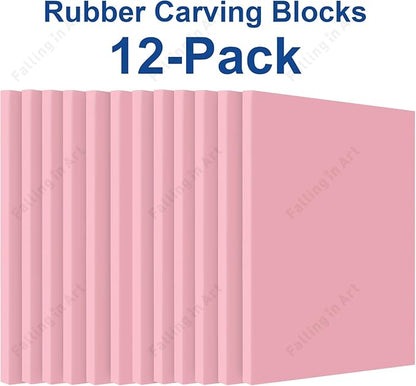 Falling in Art 4 x 6" Pink Rubber Carving Blocks, 12 Pack Soft Linoleum Blocks for Printmaking, Stamp Making, and DIY Crafting, 4/17" Thick